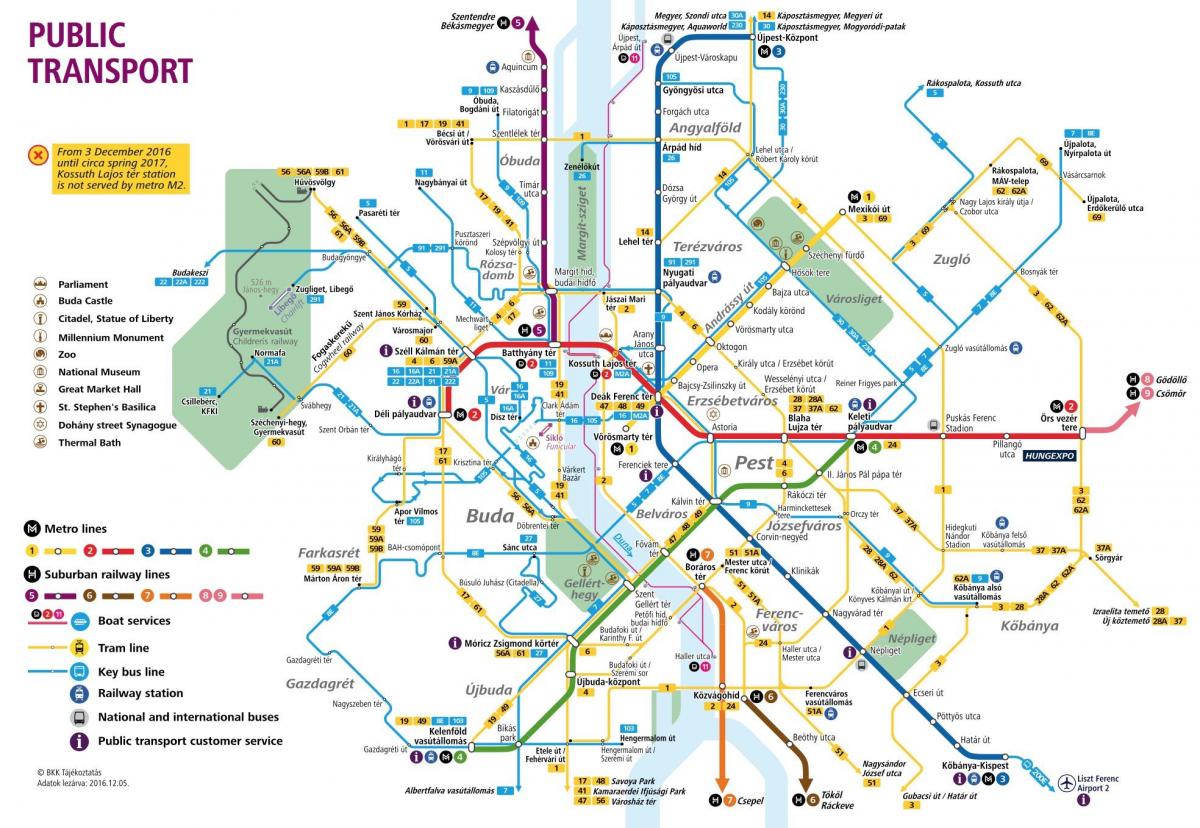 карта на Будапеща с обществен транспорт